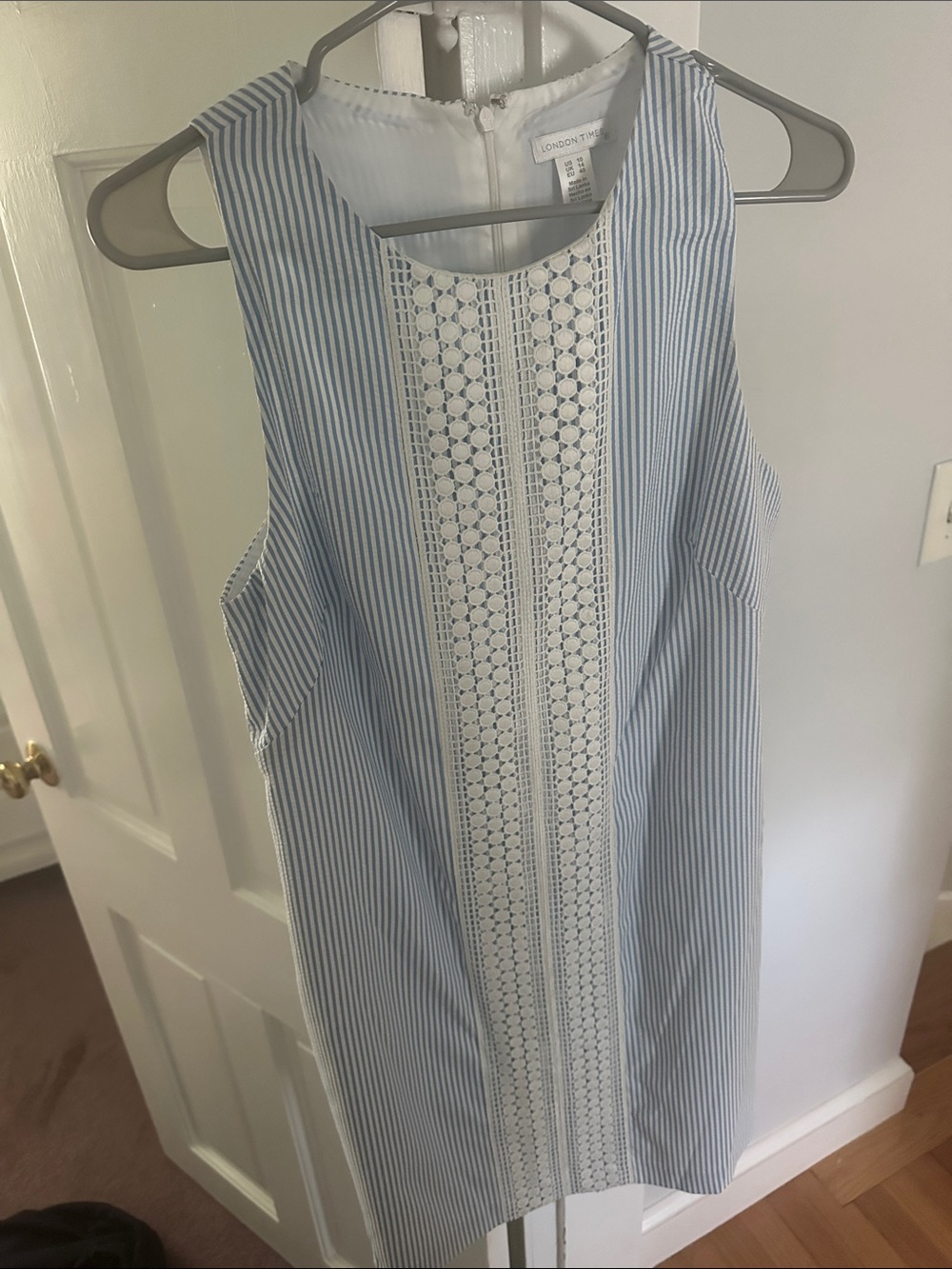 London Times Blue and White Striped Dress with Lace Front Panel